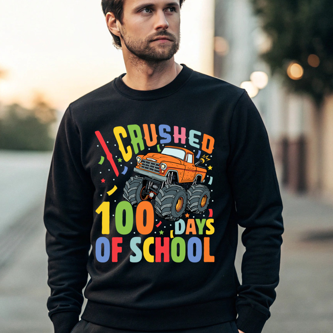 trendy 100 days of school crushed 100 days of school monster truck design for kids and teachers 4 black male sweatshirt mock up 313