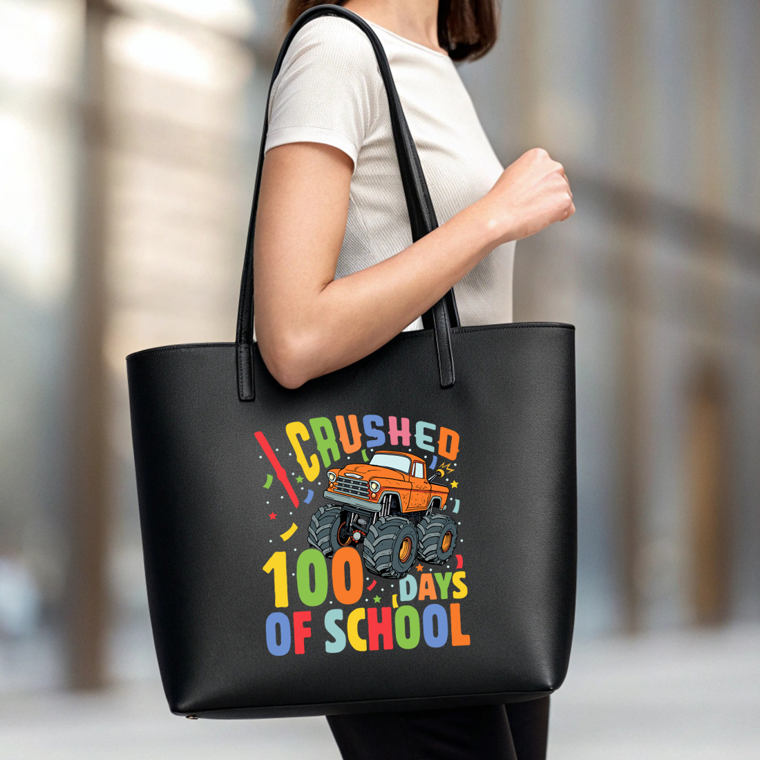 trendy 100 days of school crushed 100 days of school monster truck design for kids and teachers 6 black tote beg mock up 589