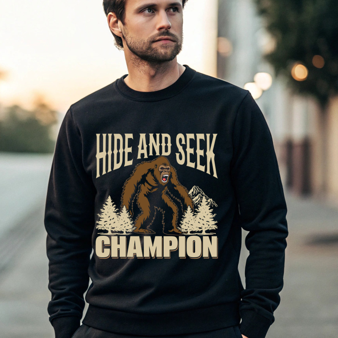 trendy hide and seek champion bigfoot graphic for t shirts and merchandise 4 black male sweatshirt mock up 498