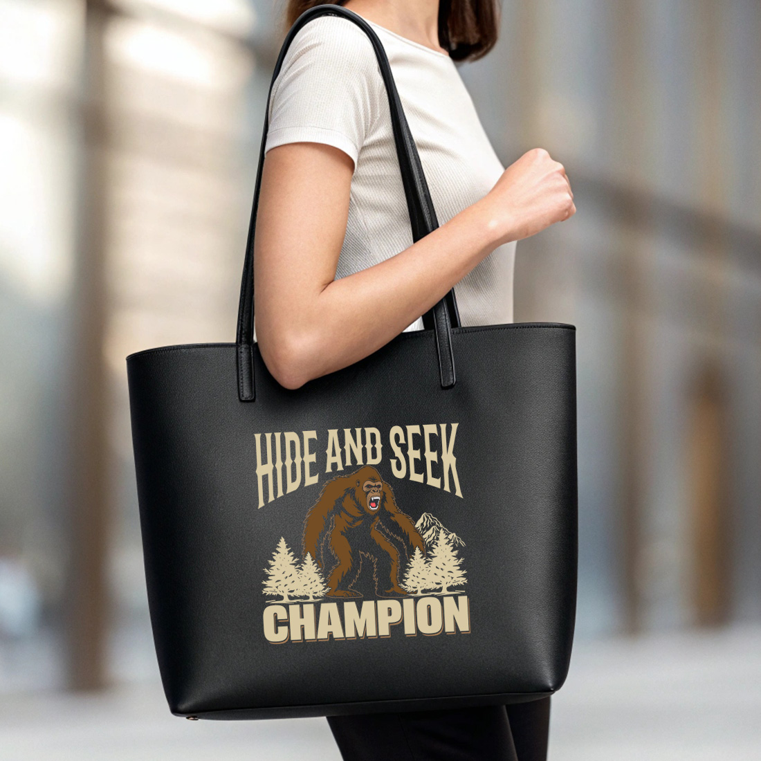 trendy hide and seek champion bigfoot graphic for t shirts and merchandise 6 black tote beg mock up 296