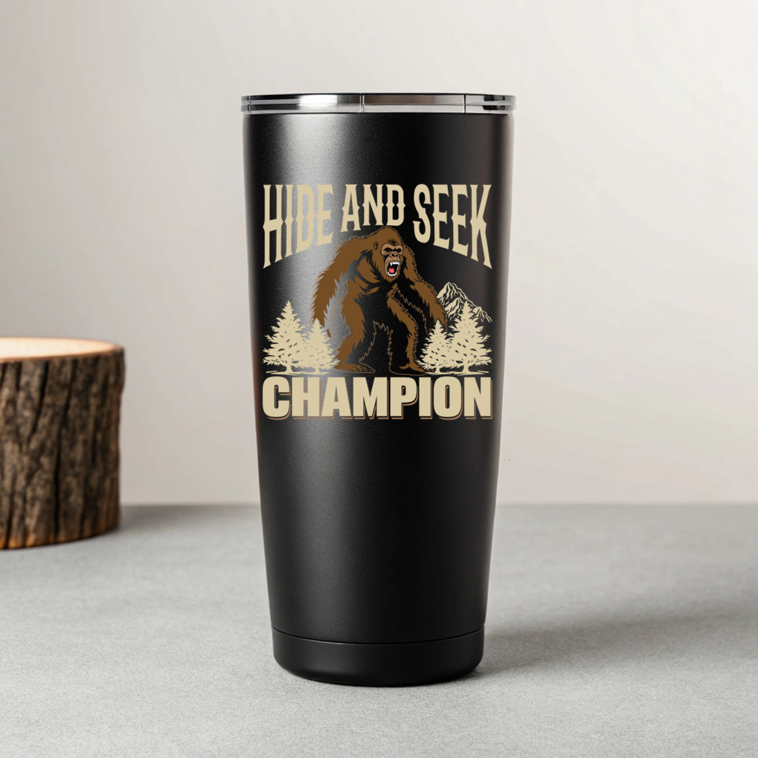 trendy hide and seek champion bigfoot graphic for t shirts and merchandise 7 black tumblers mockup 94