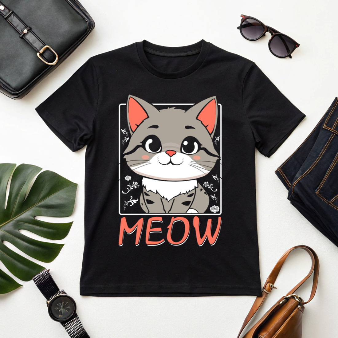 Cute cartoon cat illustration with floral background and Meow text for trendy t-shirt and merchandise design cover image.