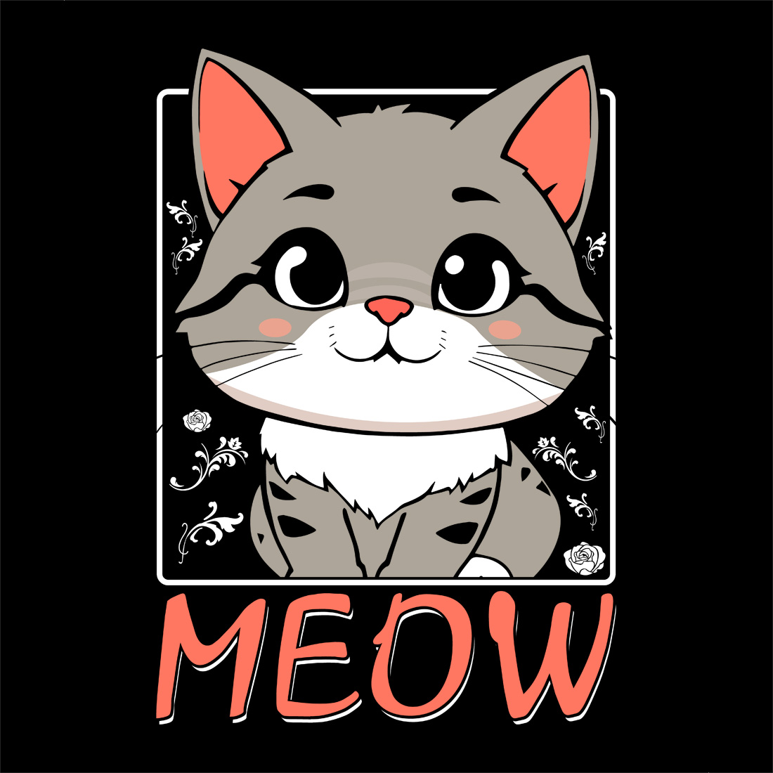 Cute cartoon cat illustration with floral background and Meow text for trendy t-shirt and merchandise design preview image.