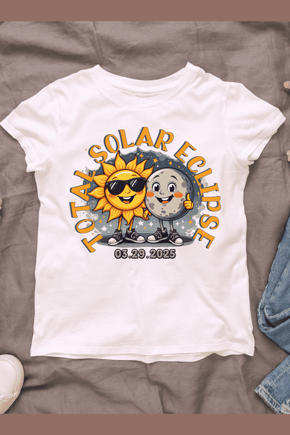 Cute Sun and Moon 2025 Total Solar Eclipse T-shirt Design pinterest preview image.