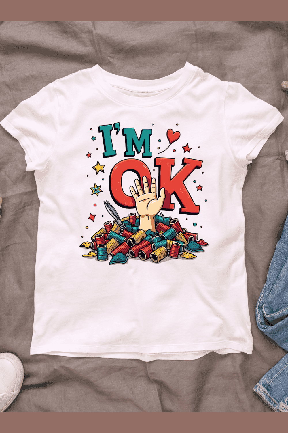 I'm OK - Hand Reaching from Spools of Thread T-shirt Design pinterest preview image.