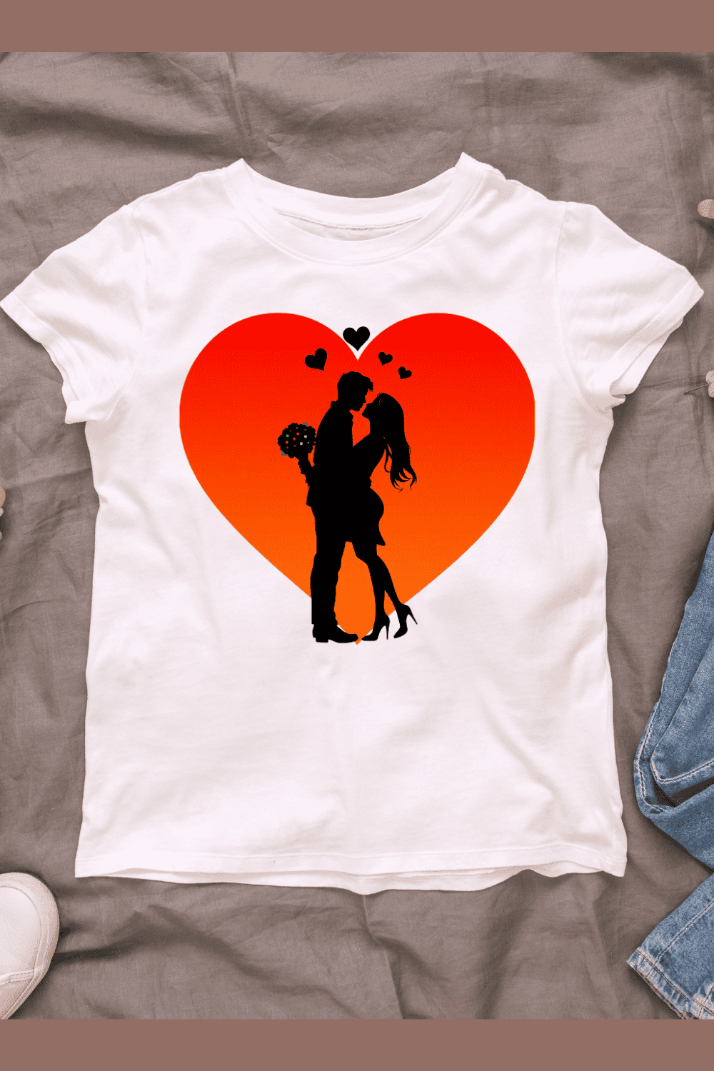 Silhouette of Couple in Love, Romantic T-shirt Design Bundle pinterest preview image.