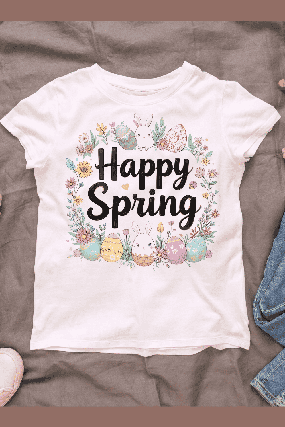 Springtime Bunny and Eggs T-shirt Design pinterest preview image.