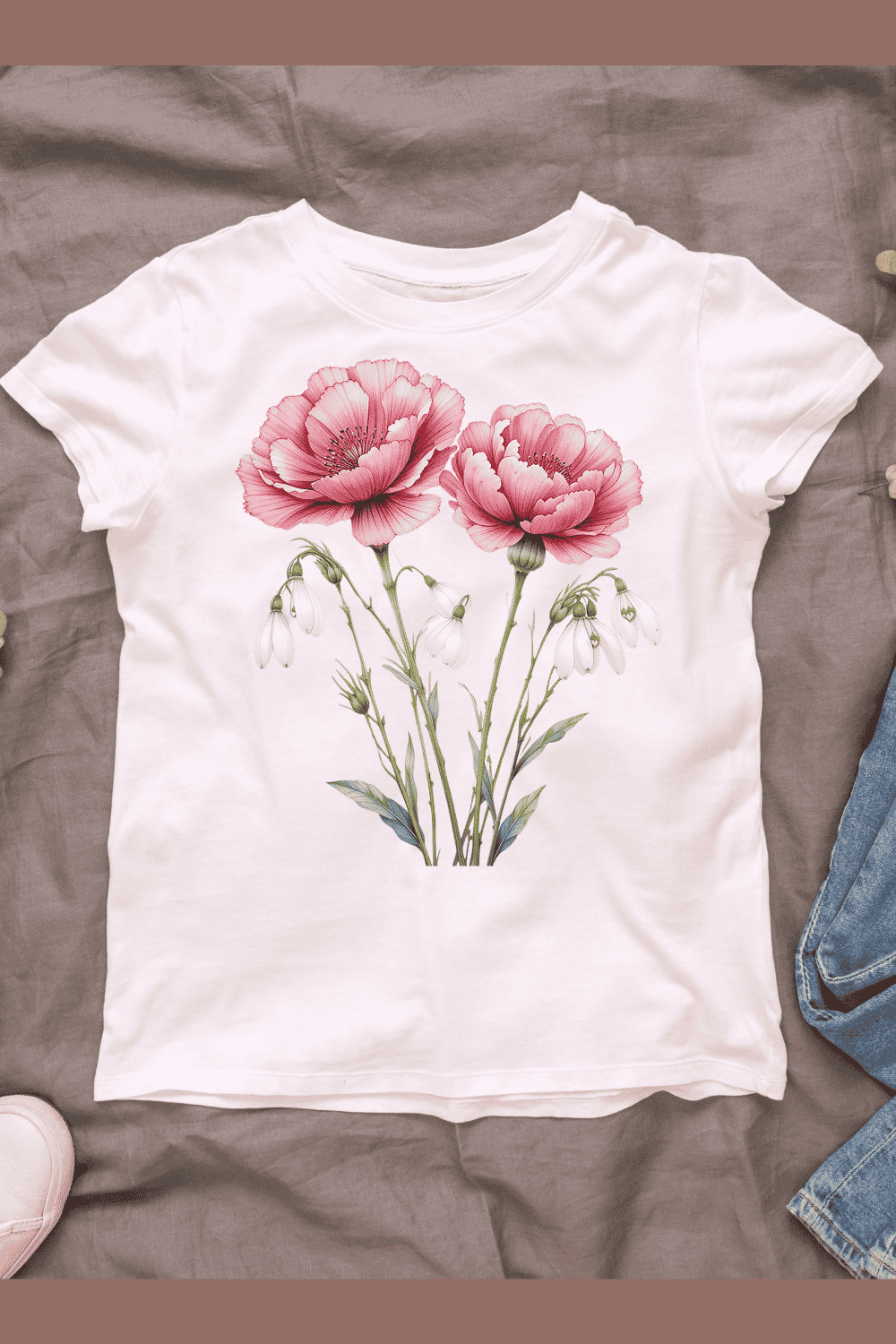 Pink Peony and Snowdrop T-shirt Design pinterest preview image.