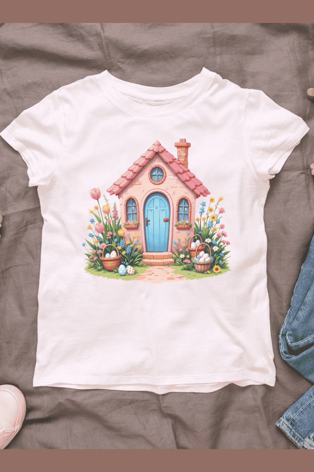 Small Spring Cottage with Chimney T-shirt Design pinterest preview image.