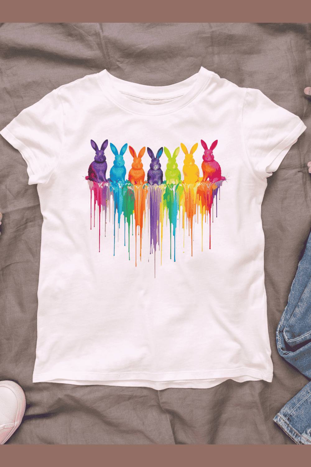 Rainbow of Bunny Silhouettes with Paint Drips T-shirt Design Bundle pinterest preview image.