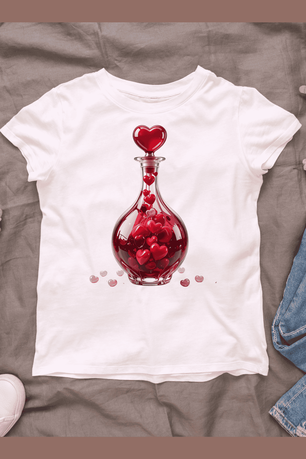 Romantic Potion Bottle with Hearts T-shirt Design pinterest preview image.