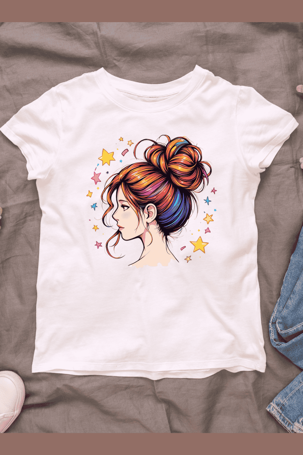 Vibrant Hair Bun T-shirt Design pinterest preview image.