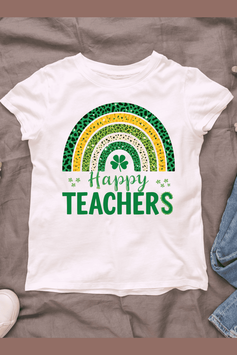 Colorful Rainbow with Shamrock for Teachers Day T-shirt Design pinterest preview image.