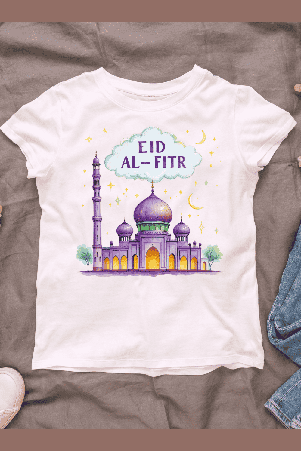 Mosque and Moon for Eid al-Fitr T-shirt Design pinterest preview image.