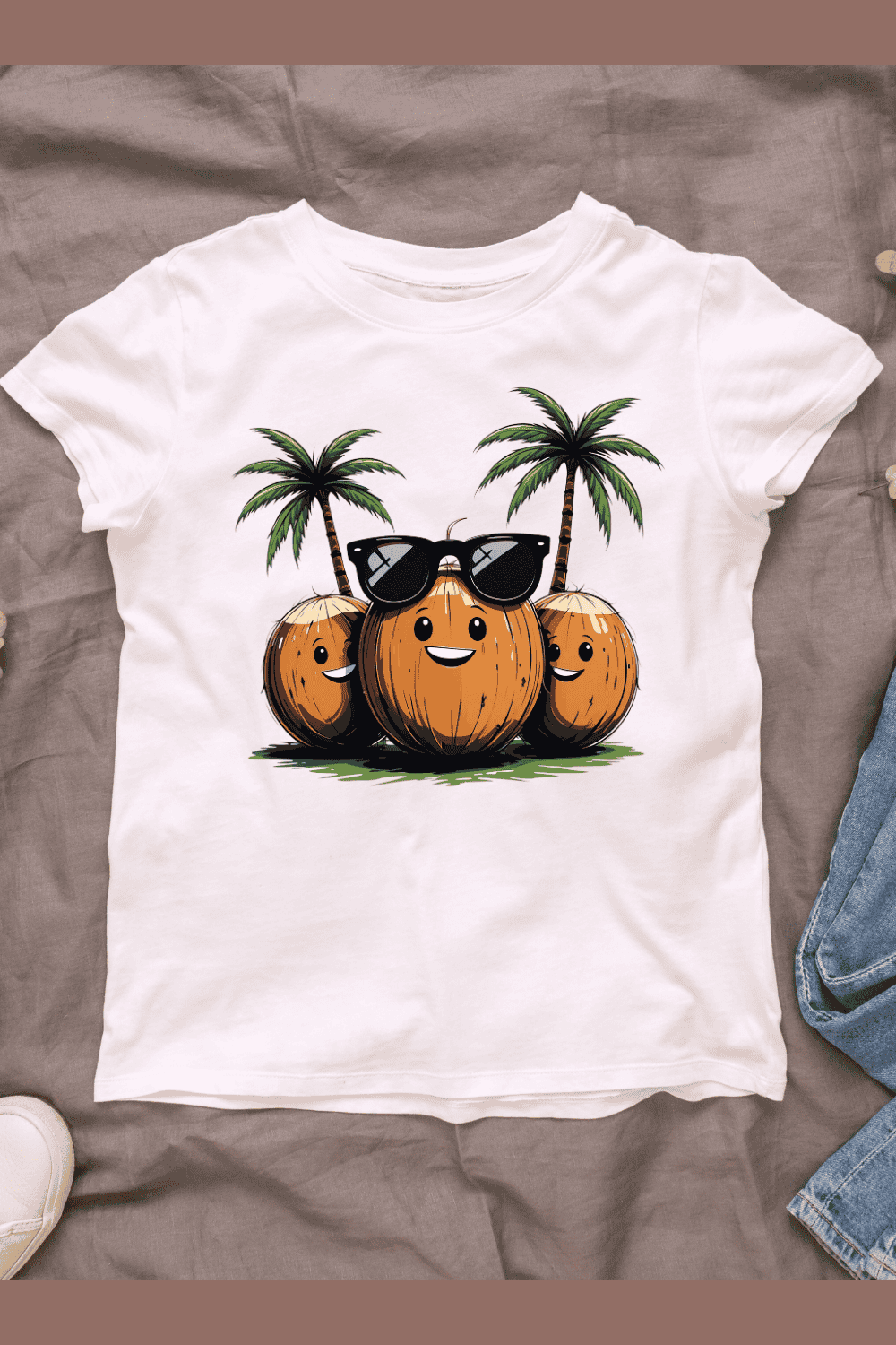 Cute Coconuts with Sunglasses and Palms T-shirt Design pinterest preview image.