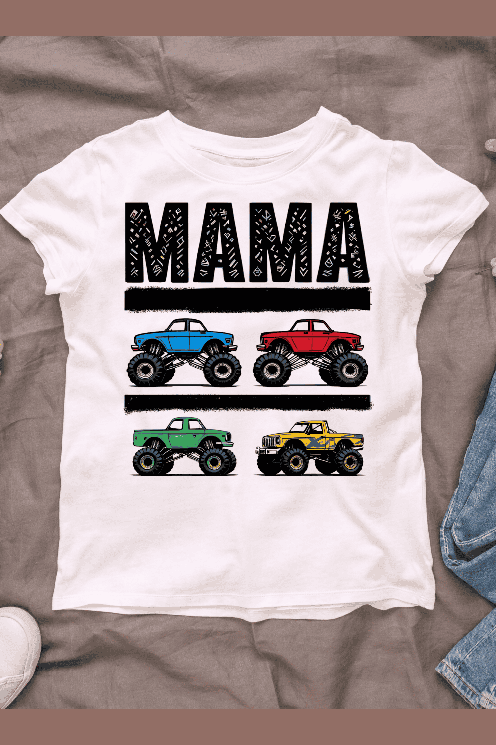 Monster Trucks with Mama Text T-shirt Design pinterest preview image.