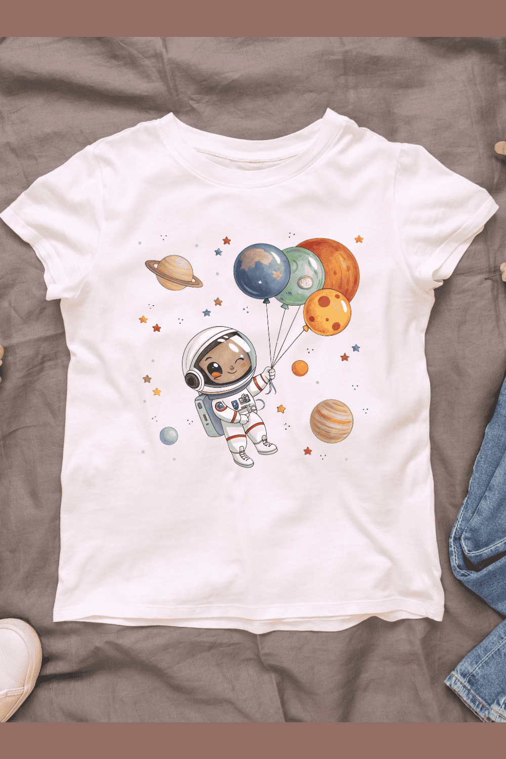 Cute Astronaut with Planet Balloons T-shirt Design pinterest preview image.