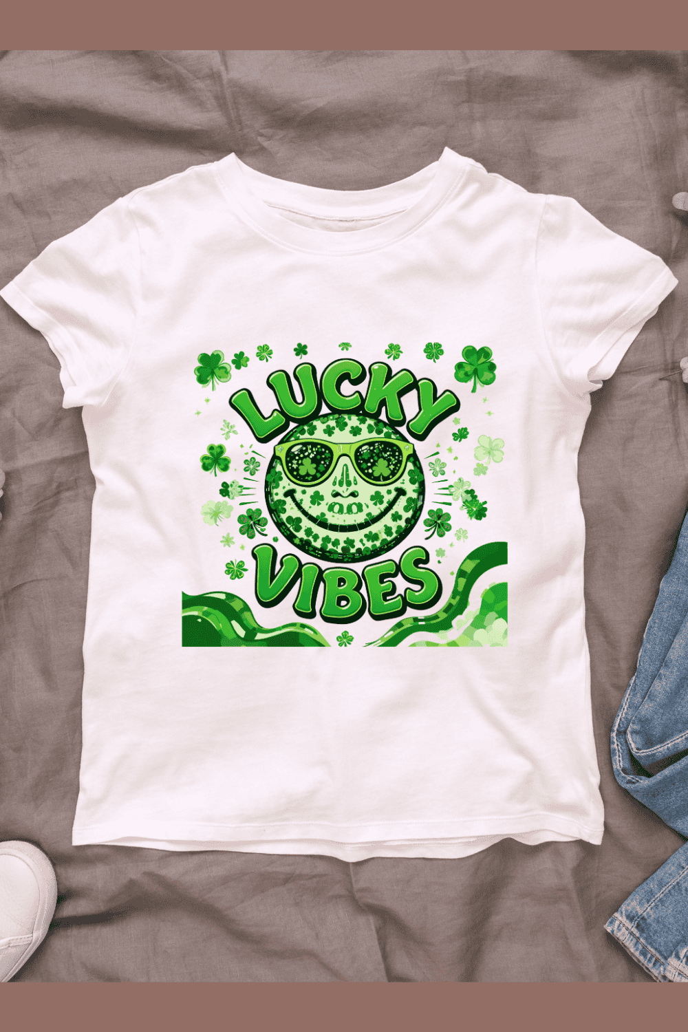 Clover Smiley Face with Lucky Vibes T-shirt Design pinterest preview image.