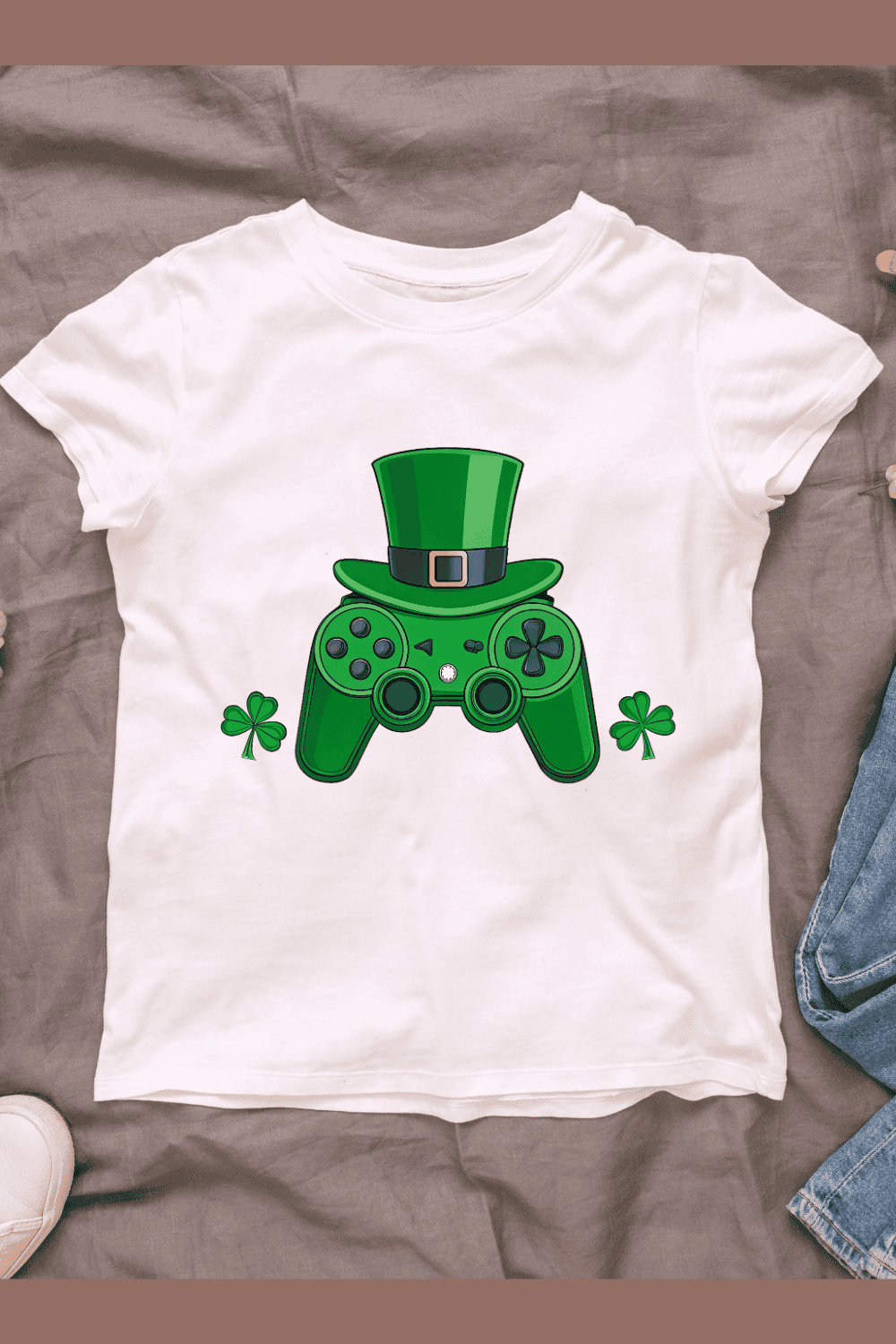 St Patrick's Day Game Controller Leprechaun Hat and Shamrocks T-shirt Design pinterest preview image.