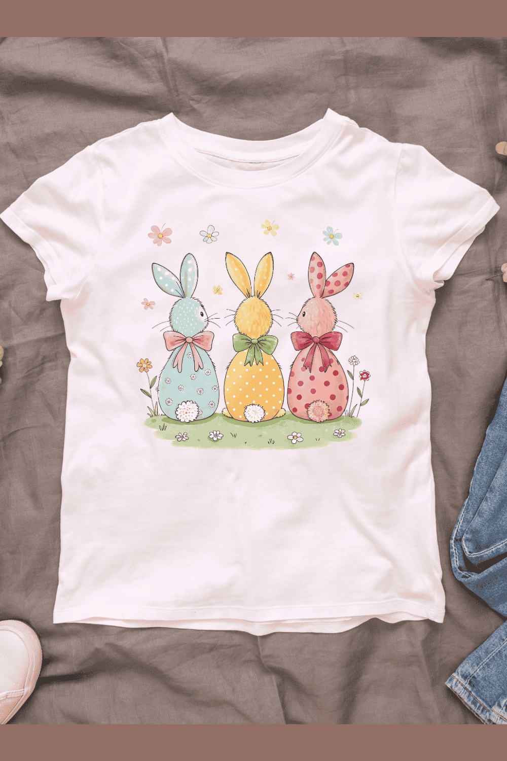 Three Whimsical Bunnies with Bows T-shirt Design pinterest preview image.