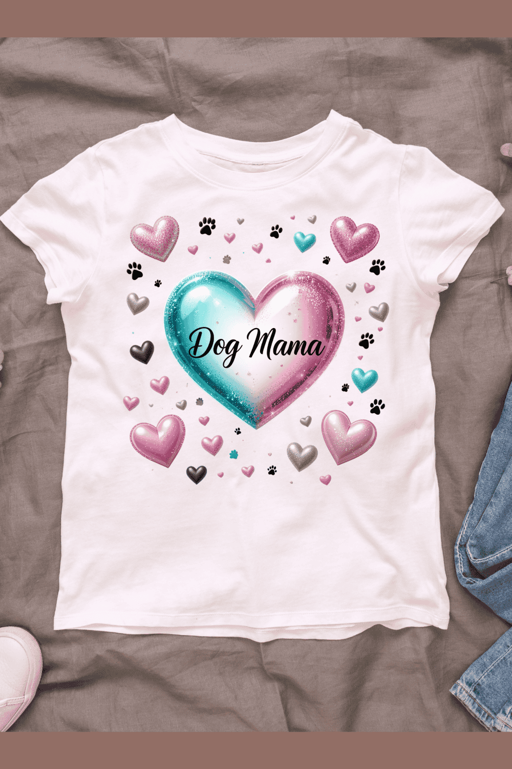 Dog Mama Typography with Hearts and Love T-shirt Design pinterest preview image.