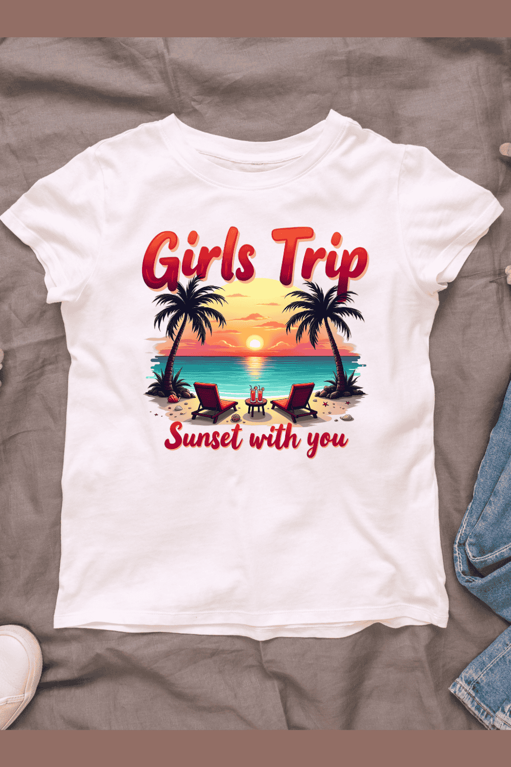 Girls Trip Design with Beach and Cocktails T-shirt Design pinterest preview image.