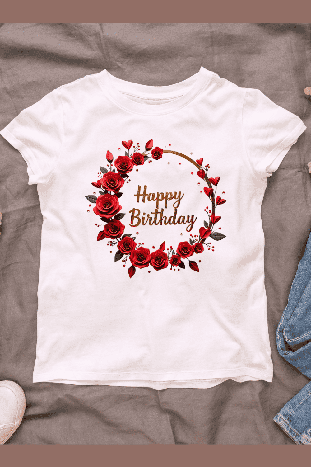 Happy Birthday Floral Wreath with Red Roses and Hearts T-shirt Design Bundle pinterest preview image.