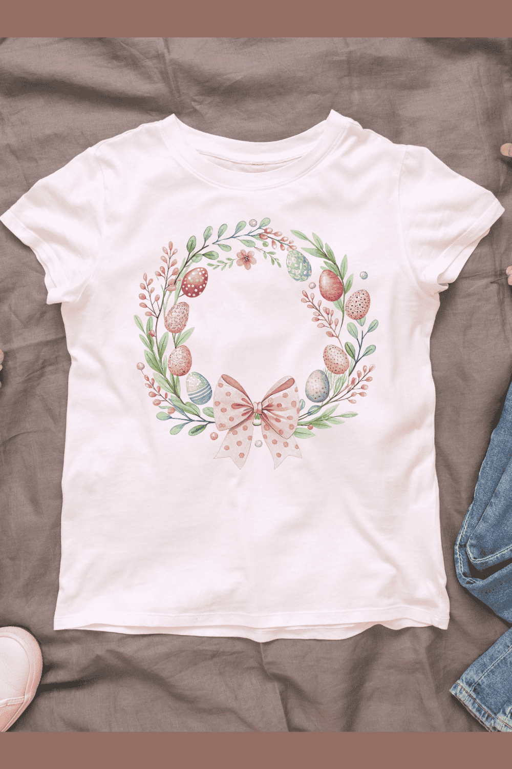 Spring Flowers and Eggs T-shirt Design pinterest preview image.