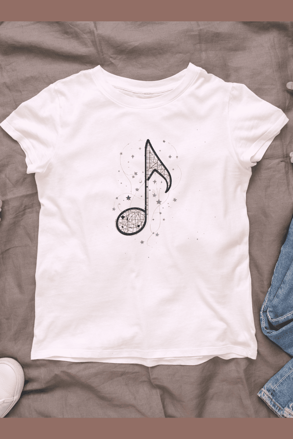 Abstract Musical Note with Stars T-shirt Design pinterest preview image.