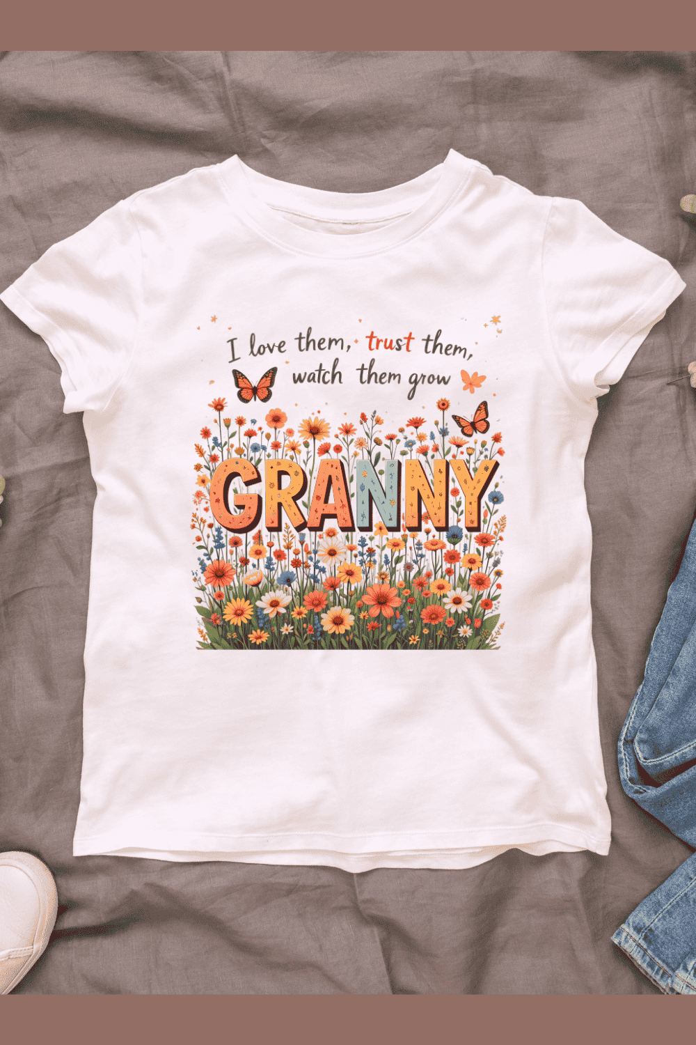 Granny Floral Field T-shirt Design pinterest preview image.