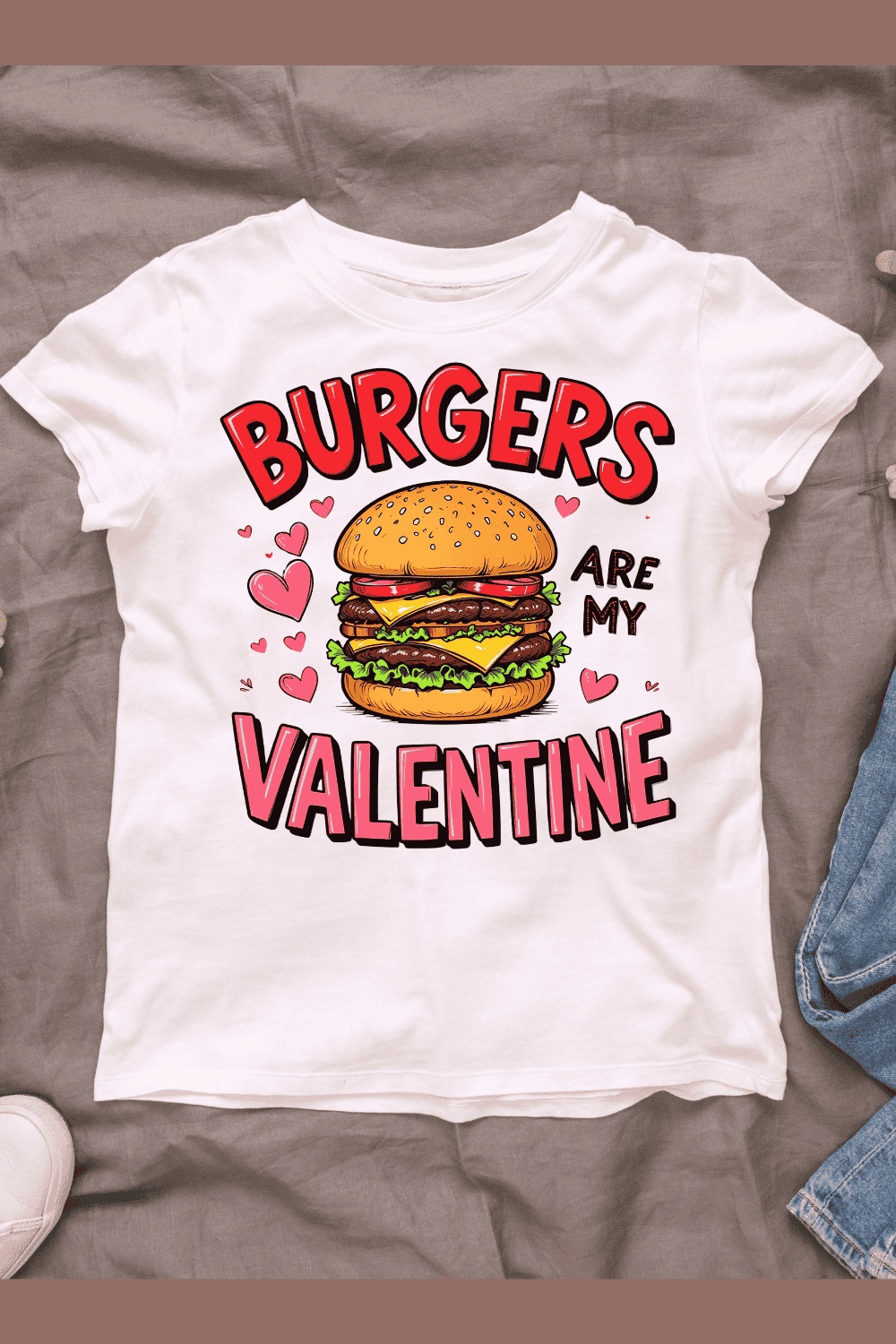 Burger and Hearts T-shirt Design pinterest preview image.