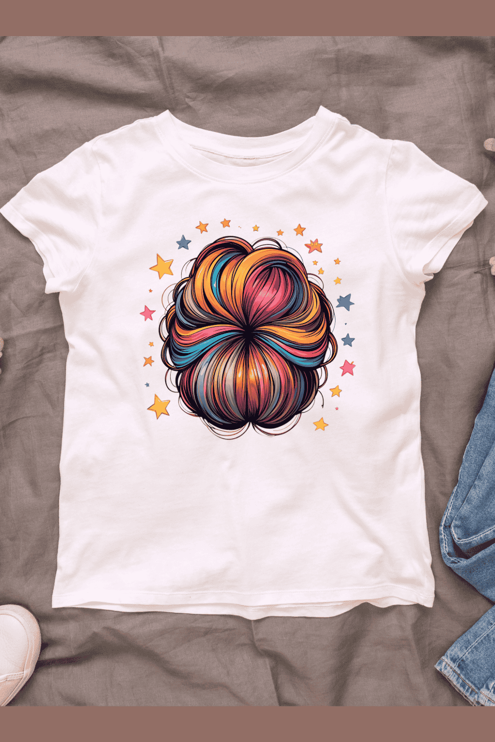 Colorful Hair Bun T-shirt Design pinterest preview image.