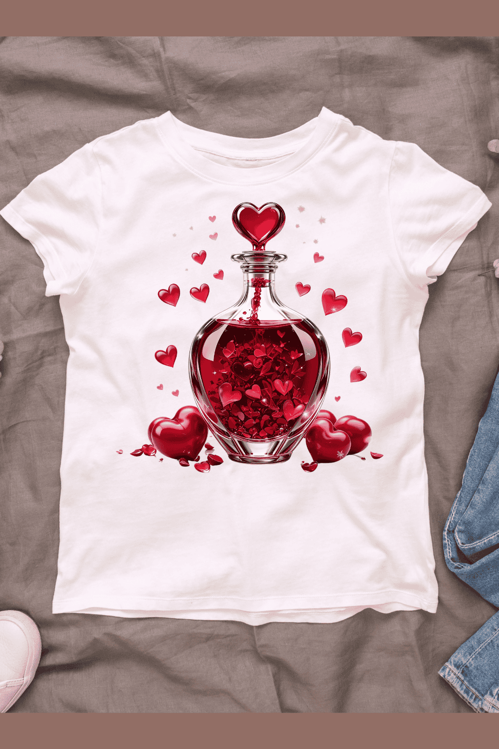 Heart Shaped Bottle with Love Charms T-shirt Design pinterest preview image.