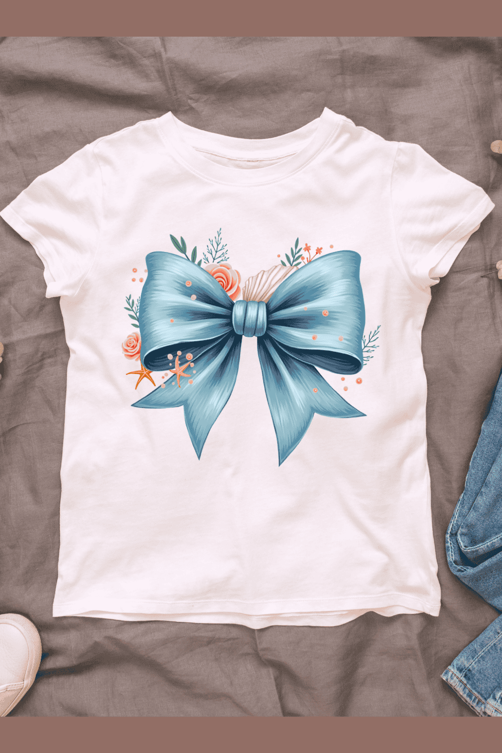 Blue Bow with Roses and Starfish T-shirt Design pinterest preview image.