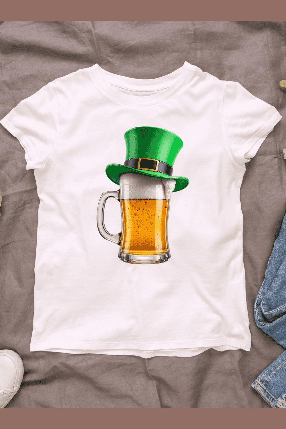 St Patrick's Day Beer with Leprechaun Hat T-shirt Design pinterest preview image.