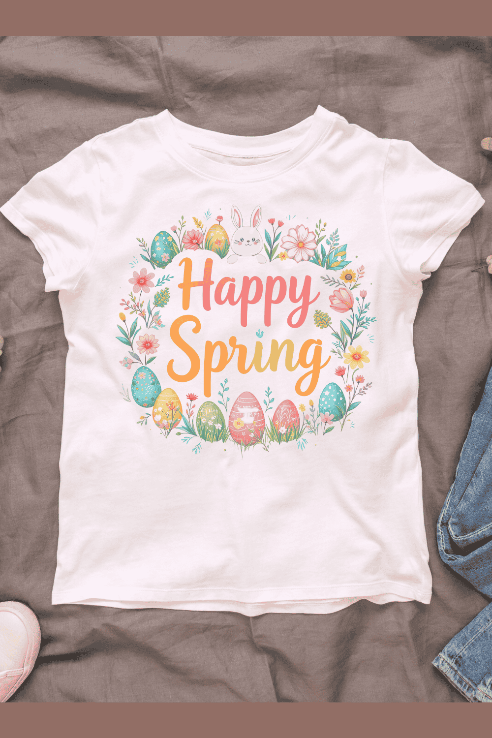 Bunny, Eggs, and Spring Decor T-shirt Design pinterest preview image.