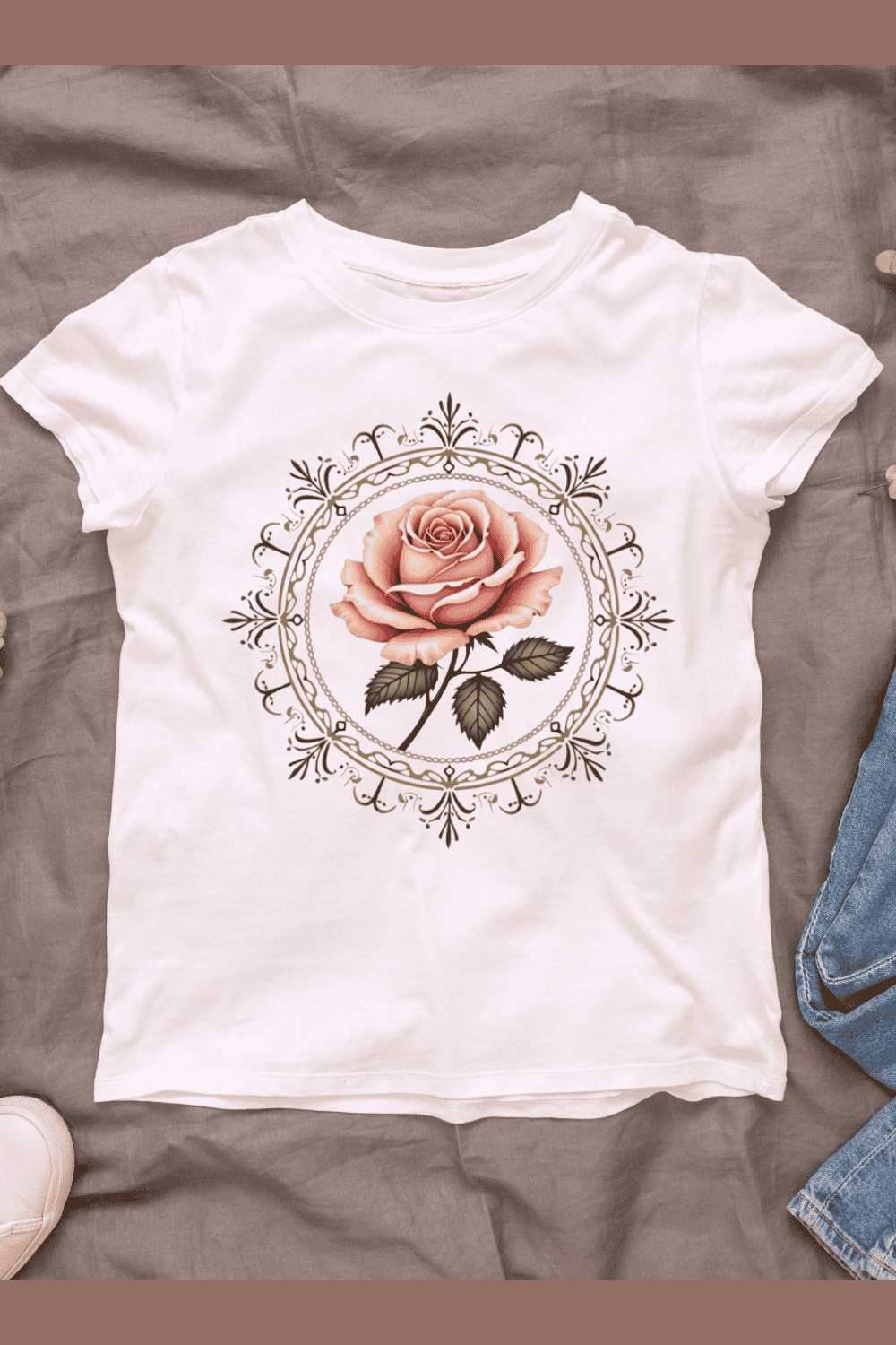 Pink Rose in Decorative Circle Frame T-shirt Design pinterest preview image.