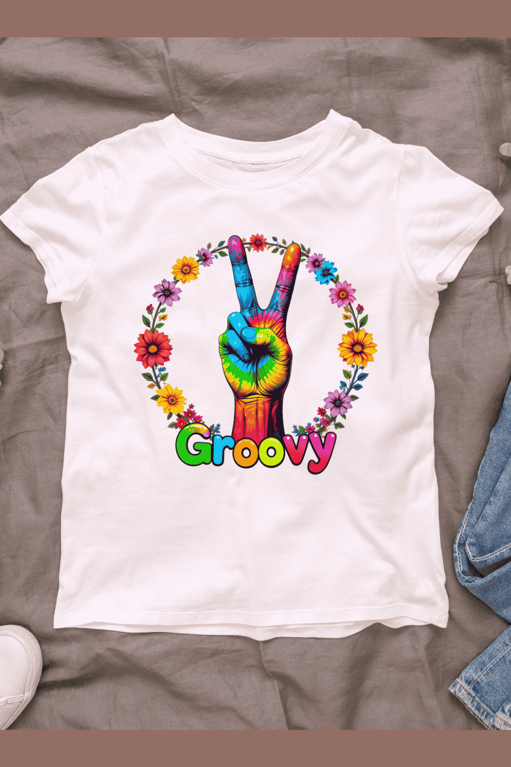 Groovy Peace Sign with Flowers T-shirt Design pinterest preview image.