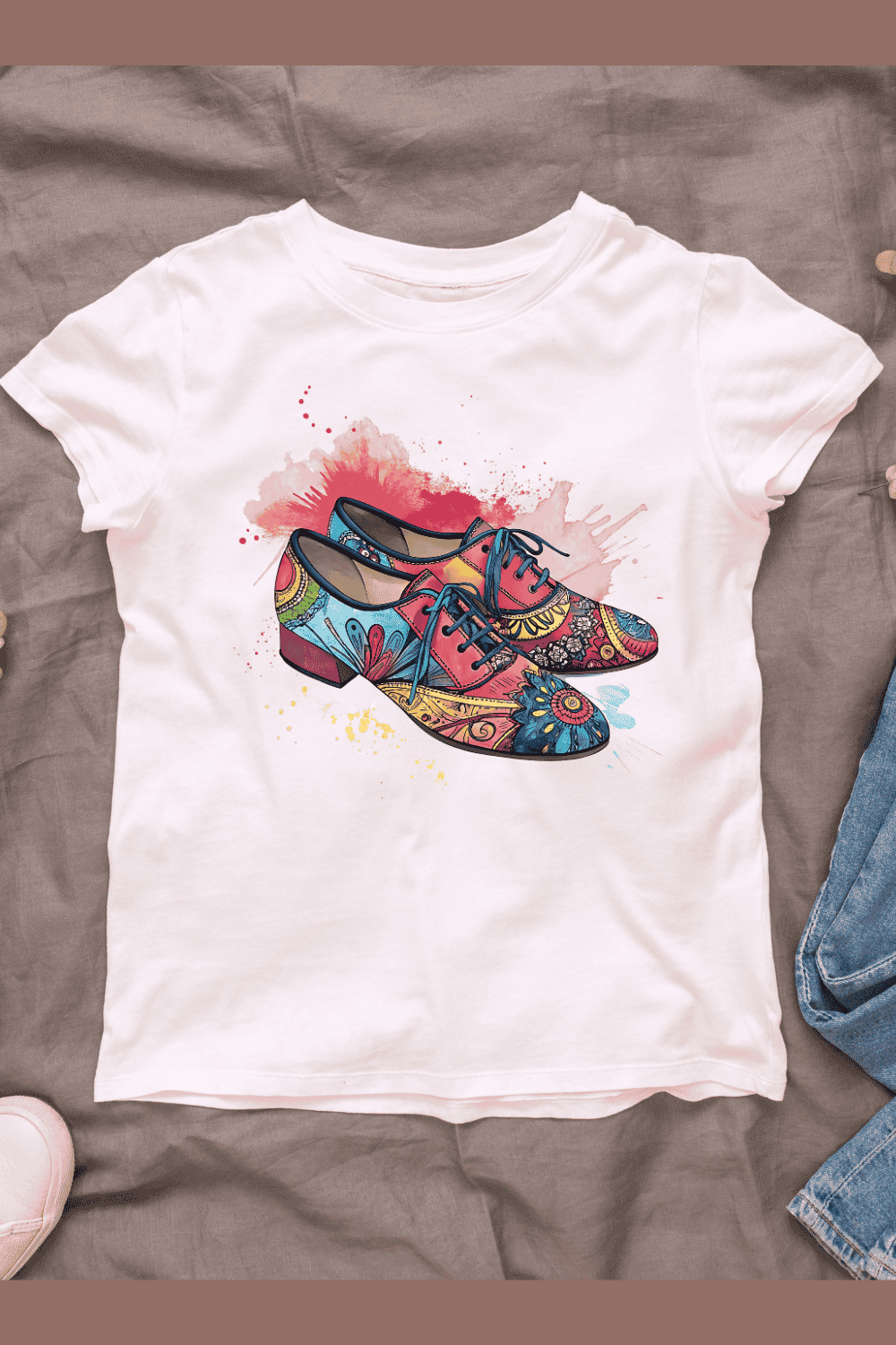 Colorful Patterned Dance Shoes T-shirt Design pinterest preview image.