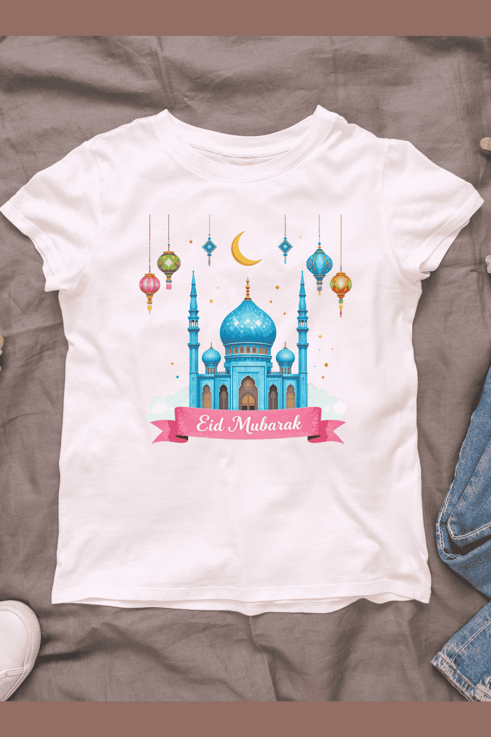 Eid Mubarak - Mosque, Crescent & Lanterns T-shirt Design pinterest preview image.