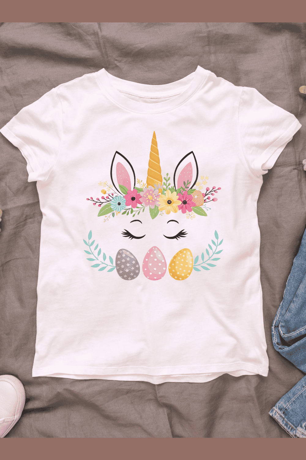 Unicorn and Eggs With Festive Spring T-shirt Design pinterest preview image.