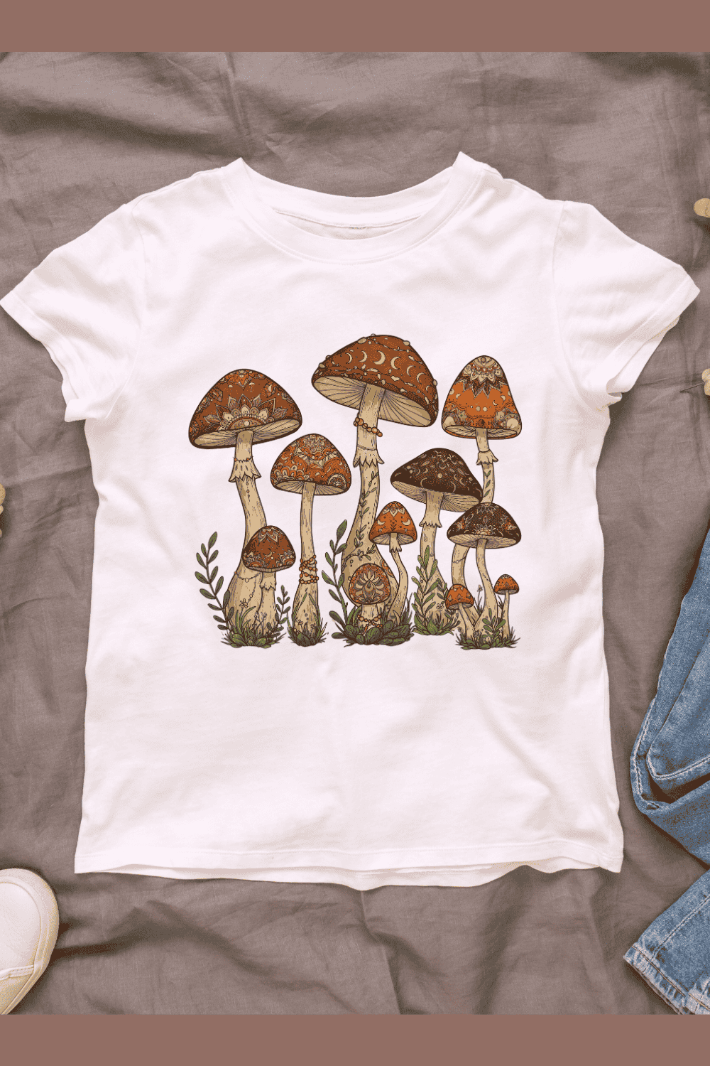 Ornate Patterned Mushroom T-shirt Design pinterest preview image.