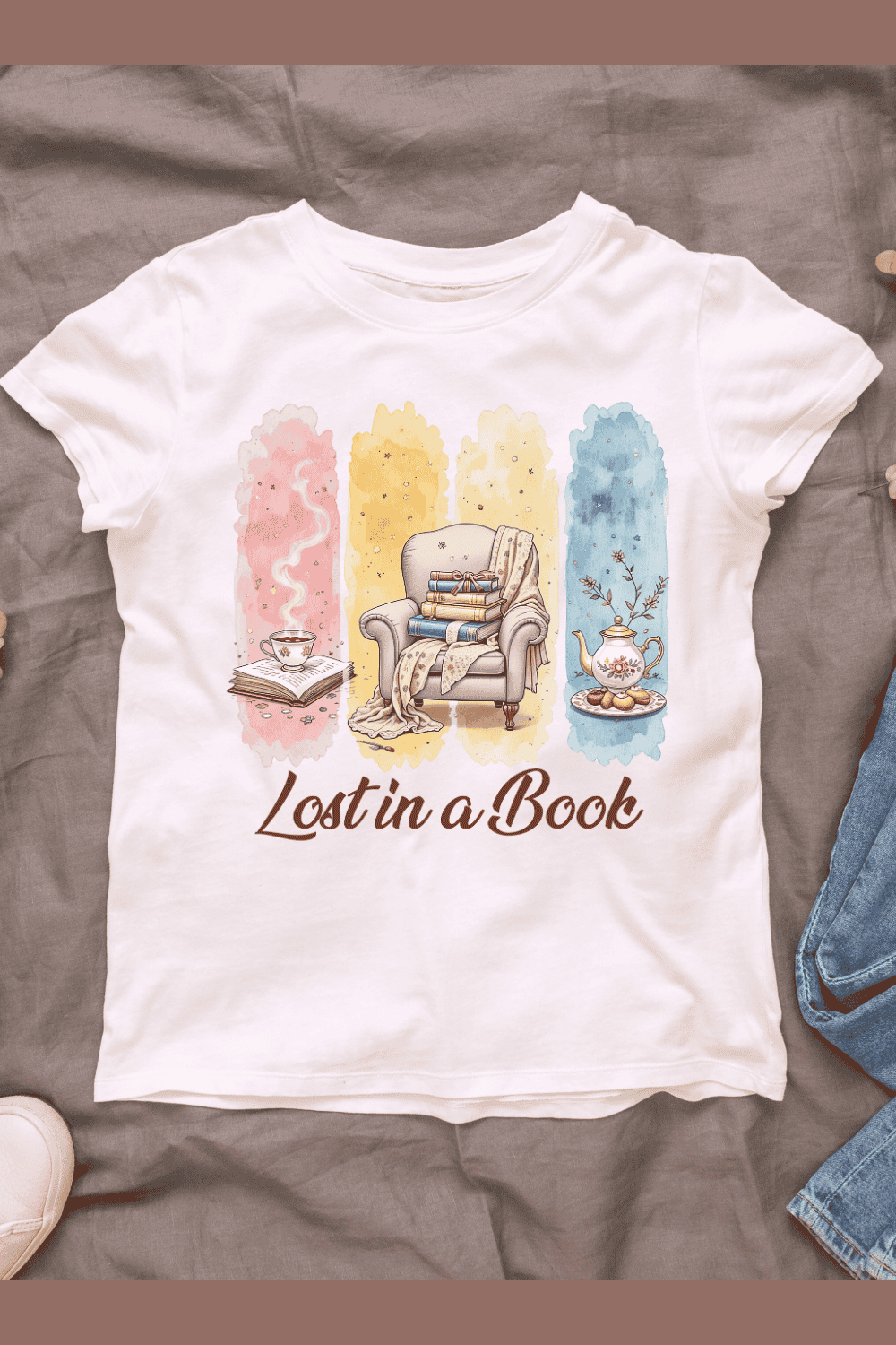 Comfortable Armchair with Books and Tea T-shirt Design pinterest preview image.