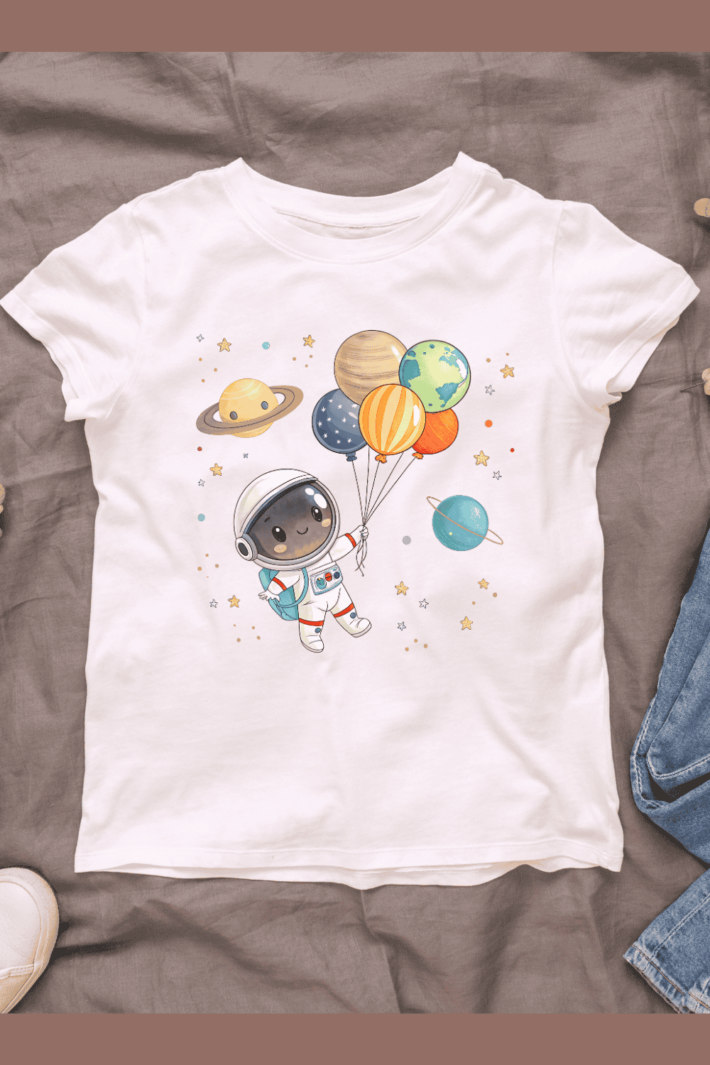 Cartoon Astronaut Floating in Space T-shirt Design pinterest preview image.