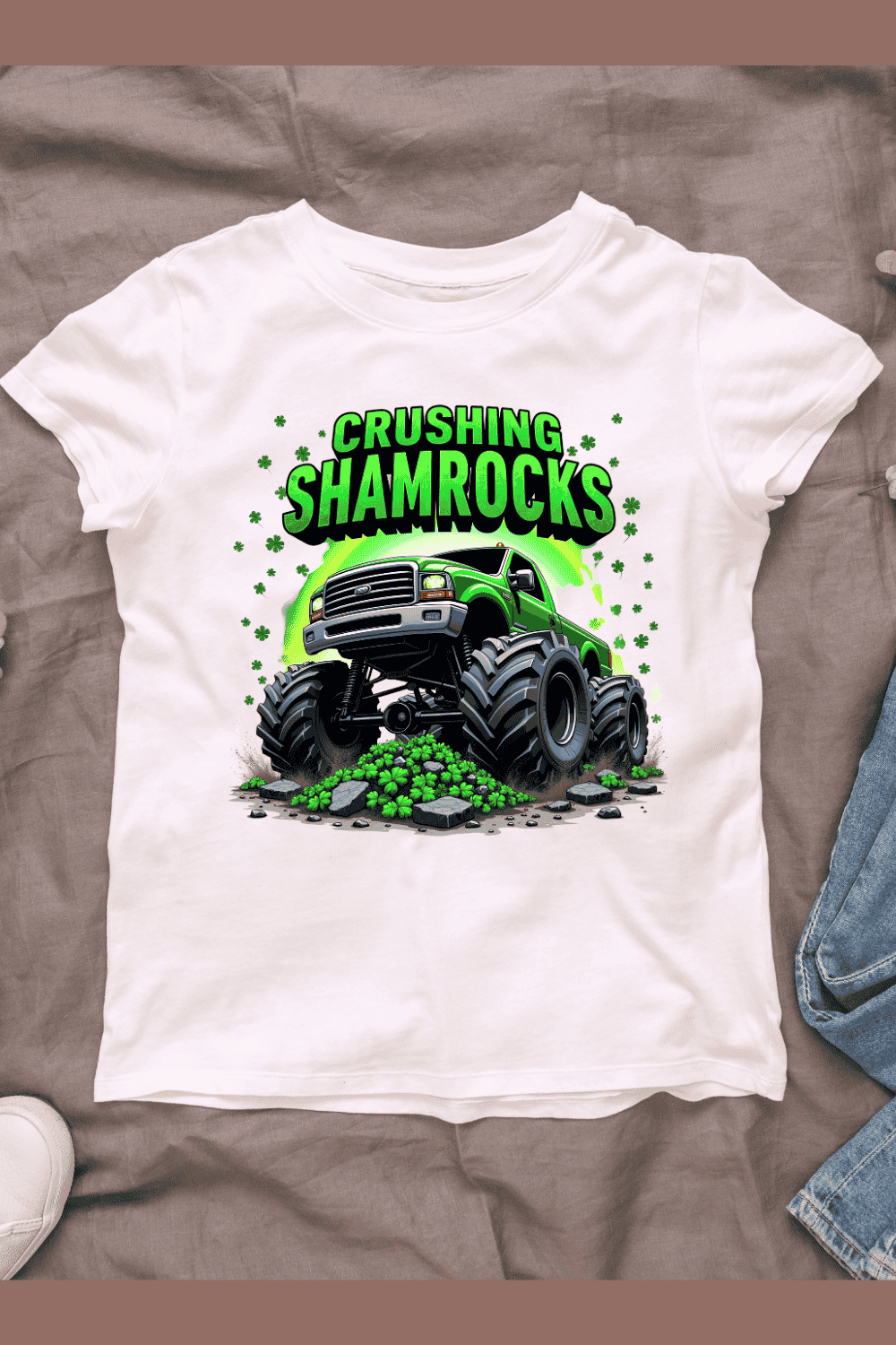 Crushing Shamrocks Monster Truck T-shirt Design pinterest preview image.