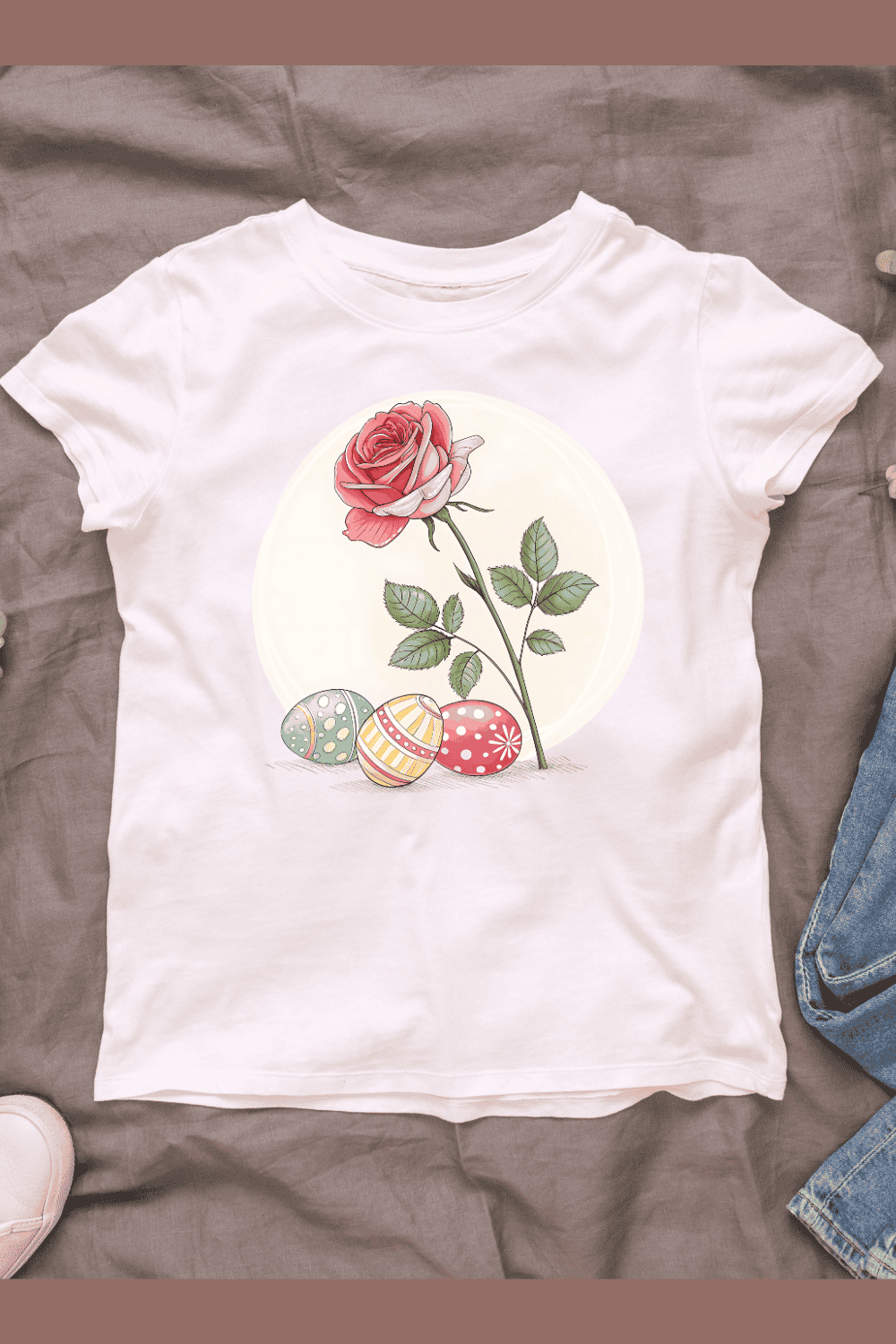 Rose with Decorated Eggs T-shirt Design pinterest preview image.