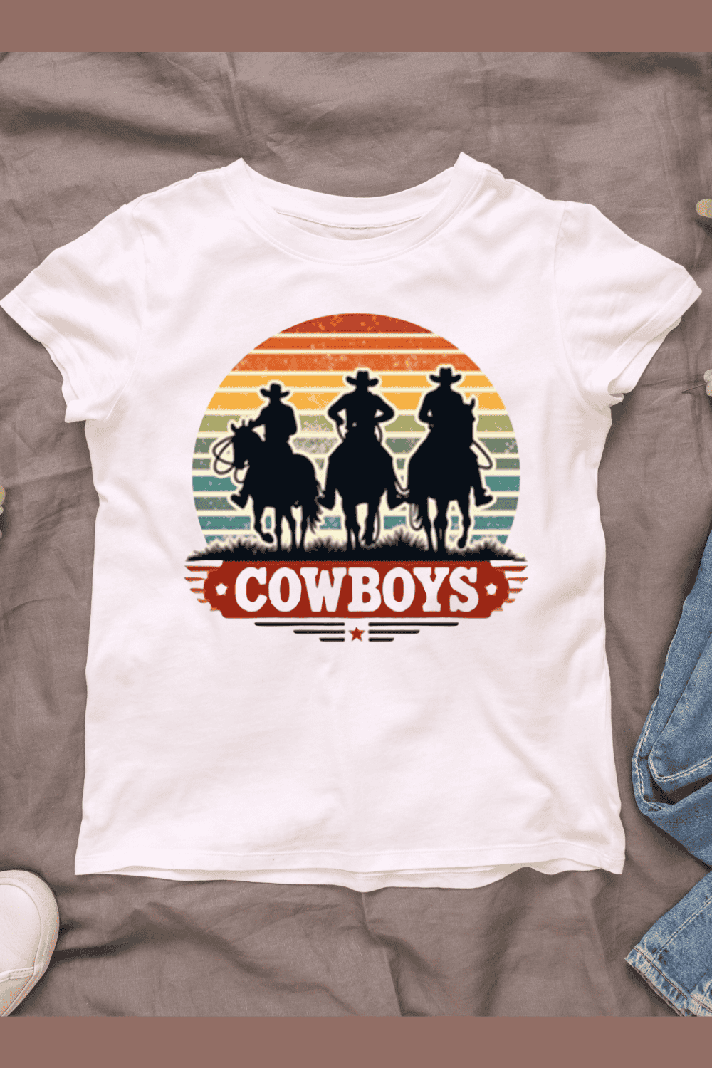 Vintage Cowboy With Three Riders on Horses T-shirt Design pinterest preview image.