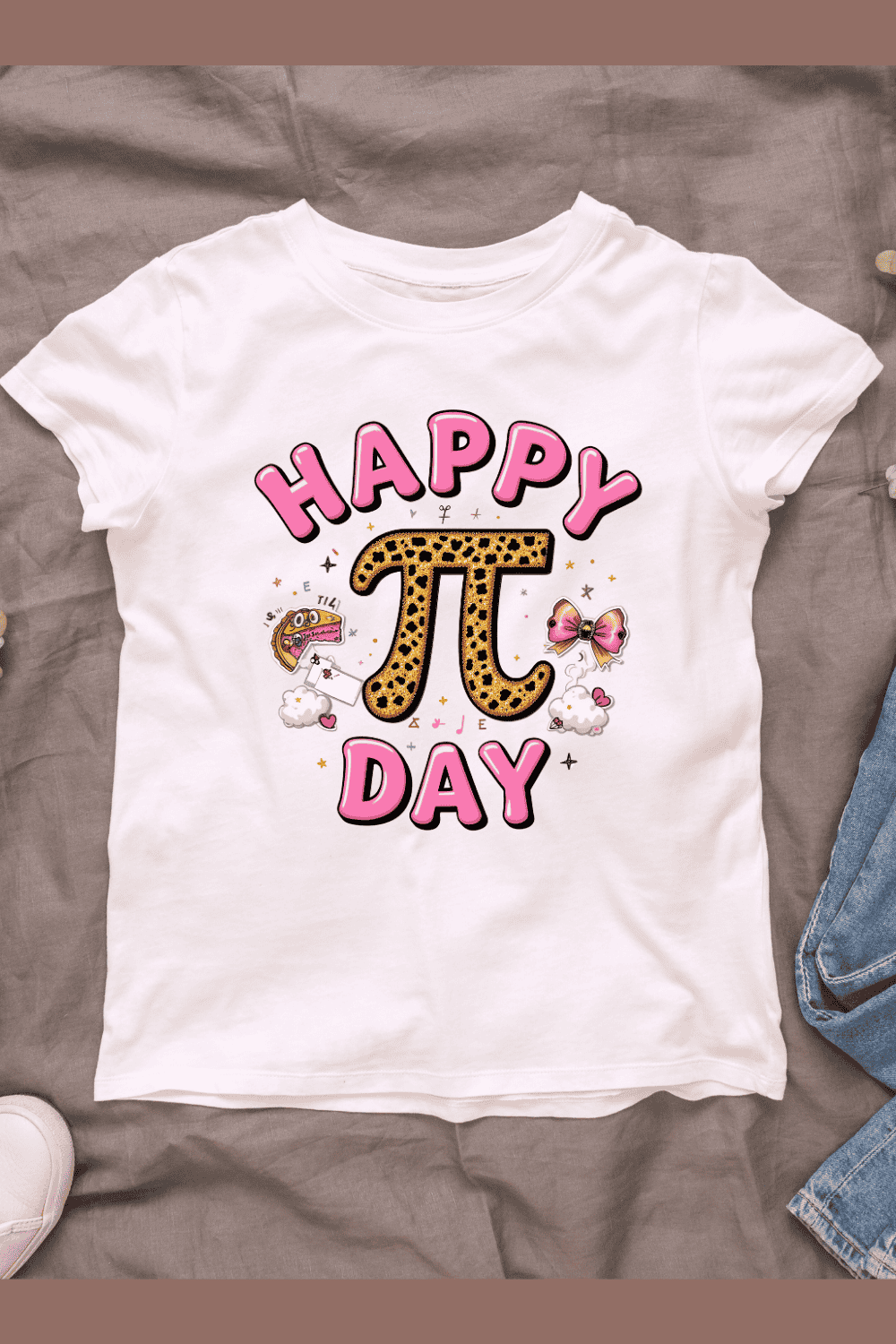 Pi Day Typography with Leopard Print T-shirt Design pinterest preview image.