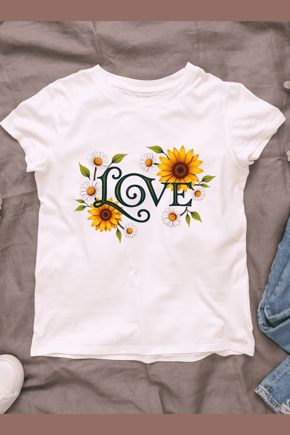 Love with Flowers, Sunflowers and Daisies T-shirt Design Bundle pinterest preview image.