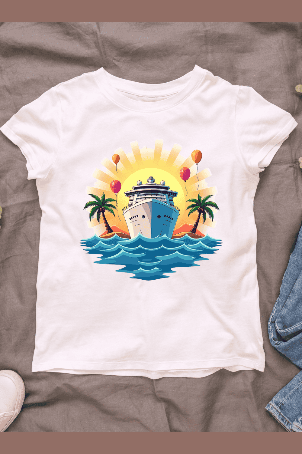 Large Cruise Ship Sailing on Tropical Waters T-shirt Design pinterest preview image.